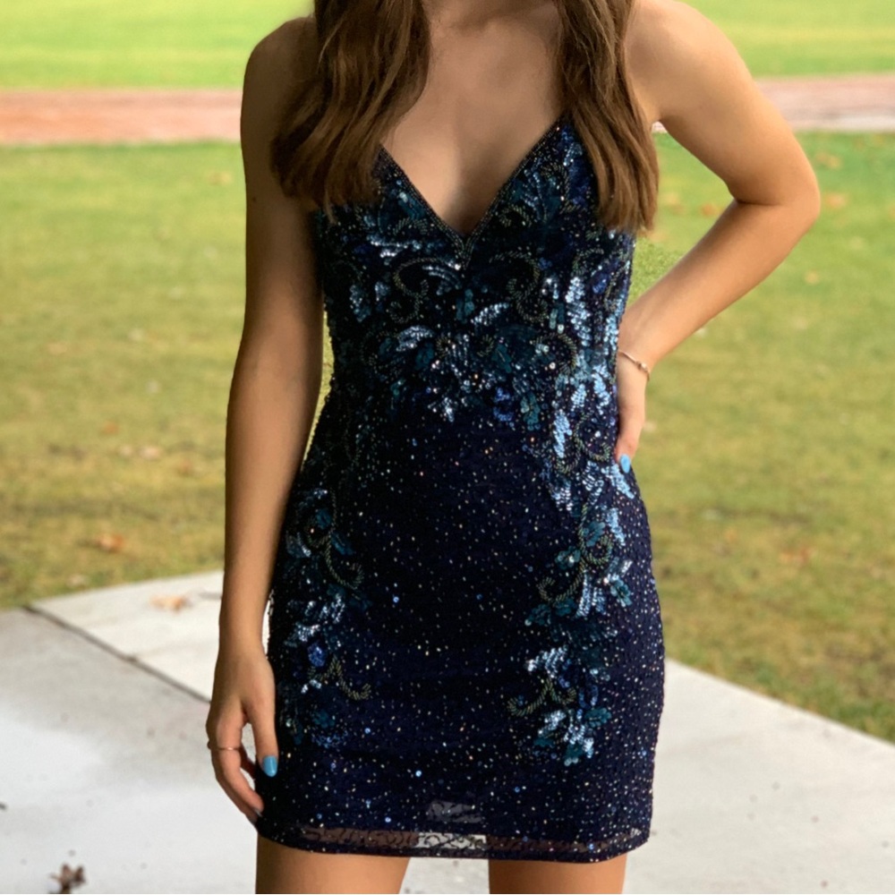 Primavera Couture Navy Beaded & Sequins Homecoming Dress